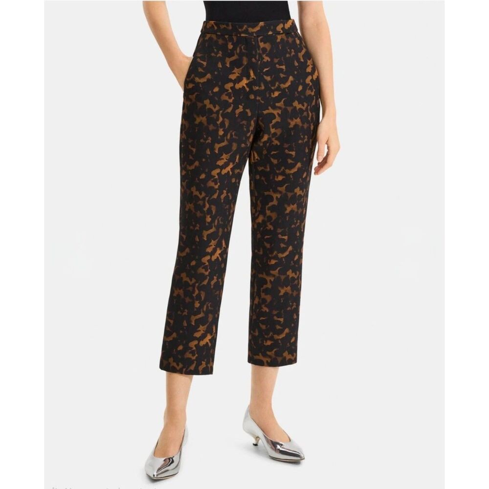 Theory Dark Brown Multi Tortoise Crepe High-Waist Slim Crop Pant Size 6 NWT